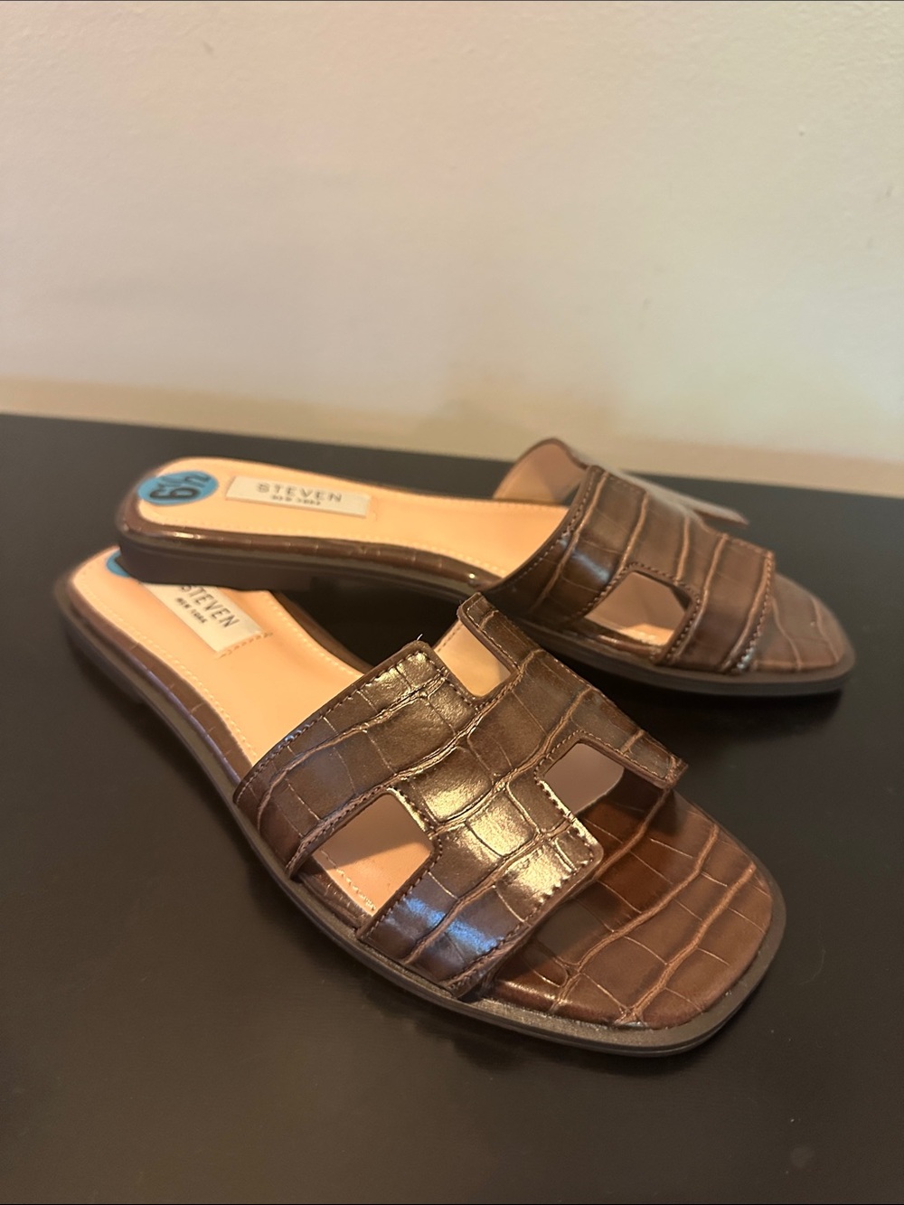 Steven by Steve Madden Brown Croc-Embossed Slide Sandals